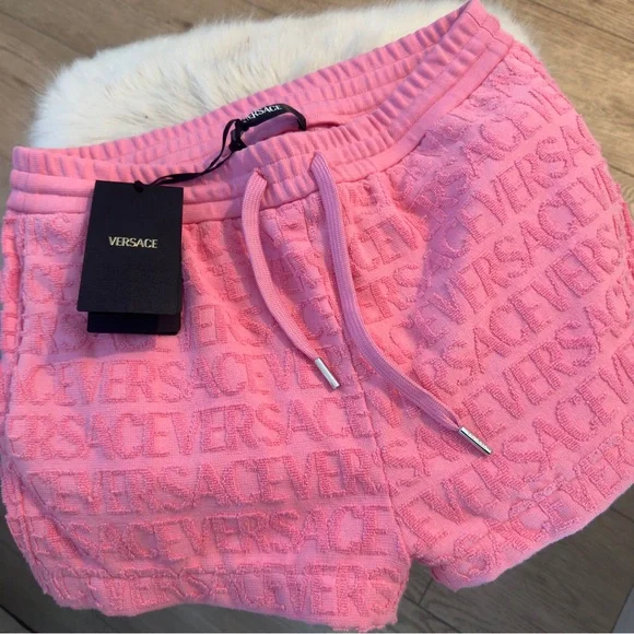Versace Pink Logo-Terry High Waist Shorts - Picture 3 of 7